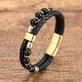 Men's black braided leather bracelet with gold magnetic clasp and round beads on wood - 23CM / Gold Style 1