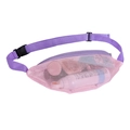 Pink mesh waist bag for kids beach toys featuring purple nylon strap and buckle - Pink with Purple Strap Beach Waist Bag 17x35cm
