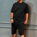 Detail of men's summer black cargo set with short sleeve t-shirt and multi-pocket shorts - M / Black