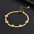 Elegant gold-tone stainless steel snake chain bracelet with five petite flower charms - Gold Daisy Blade Bracelet (M504)