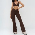Brown yoga set featuring halter sports bra and high-waisted flared leggings with pockets - S / Sports Bra & Flared Pants (Top And Bottom) / Coffee