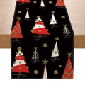 Camino de mesa navideño de lino con árboles rojos y dorados sobre fondo negro - Árboles con Purpurina Fondo Negro