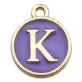 Purple enamel gold-plated round pendant featuring letter K for DIY jewelry making - Letter K Pendant Only (Without Chain) / 1 Piece (12x14mm) / Purple