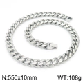 Polished silver stainless steel Cuban link chain necklace, 10mm width, 550mm length - 550mm x 10mm (KN225375-Z)