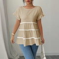 Elegant khaki short sleeve tiered blouse with white pompom trim and round neckline - S / Apricot