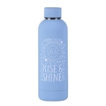 Light blue matte stainless steel water bottle with white Rise and Shine sun graphic - Light Blue Rise Sun