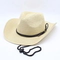 Beige straw cowboy hat with 9cm wide rolled brim and adjustable wind rope for sun protection - M (56-58cm) / Beige