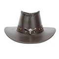 Detail of silver bull head emblem and metal studs on brown leather western cowboy hat - One Size / Dark Brown