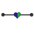 Detail of black industrial barbell with heart pendant in blue and green colors - Black Rod Blue Green Spliced Heart