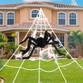 Halloween giant black spider with glowing red eyes and large white web on front lawn - 7m White Triangular Web + 150CM Spider + 40G Cotton + 20 Little Spiders