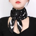 Elegant black silk square scarf with white polka dots and a premium satin finish - Polka Dot Black Square Scarf / 65