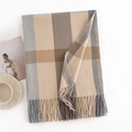 Plaid scarf with beige, grey and brown blocks and fringe tassels on a white background - Beige