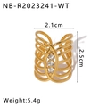 Detail view of hollow gold ring with three round cubic zirconia and geometric lines - Adjustable Open / White Gemstone Style (NB-R2023241-WT)