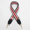 Detail of adjustable black and red striped wide canvas strap with gold metal hooks - Black Base Red + Black Leather