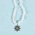 Necklace with irregular white translucent crystal stones and silver sun-shaped pendant - Clear Quartz Sun