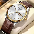 Men's quartz watch with gold case, silver dial and brown leather crocodile strap - Two-tone Case White Dial Brown Leather Strap