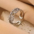 Silver heart open ring with white zircon micro-paving and hollow heart patterns - Silver Hollow Heart Zirconia Ring (7790)