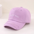 Close-up of lilac cotton baseball cap featuring Paris embroidery and distressed brim detail - 52cm (Recommended 3-8 Years) / Purple