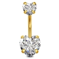 Golden belly button ring featuring two heart-shaped clear cubic zirconia crystals - Gold-White Zircon Heart