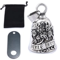 Vintage silver biker bell pendant with rose engraving and a black drawstring pouch set - Steel Pendant + Velvet Pouch + Metal Tag