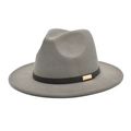 Detailed close-up of grey wool felt fedora hat featuring black leather band and gold buckle - Light Gray