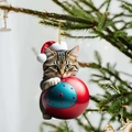 Funny tabby cat acrylic hanging ornament holding a Christmas ball for holiday tree decor - Cat 2