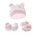 Set neonato con cappello, muffole e scarpine a righe rosa e motivi a ferro di cavallo - Set da 3 Pezzi Calamita Bordo Naturale Rosso