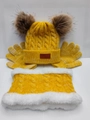 Detail of knit hat scarf and gloves set with thick fleece lining and faux fur pom-poms - 3-Piece Set (Hat/Scarf/Gloves) / Yellow & White Mixed