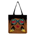 Detail of reusable tote bag featuring pop art woman illustration with WOW telescope design - Afro Lady Illustration-WOW Binoculars