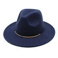 Detailed view of dark blue wool fedora hat featuring a stylish half-moon gold metal trim - M (56-58cm) / Navy Blue