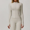 Giacca da yoga grigio chiaro con zip e fori per i pollici e pantaloni sportivi coordinati - XL / Albicocca grigio