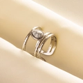 Adjustable silver bohemian multi-layered ring with a teardrop white stone inlay - Silver - White Faux Stone