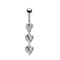 Silver stainless steel belly ring with three dangling heart shaped clear gemstones - Silver Triple Heart Series