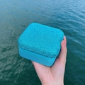 Blue square jewelry box covered in rhinestones with mirror and zipper for travel - Blue