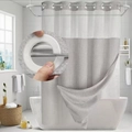 Grey waffle pattern shower curtain featuring integrated hook-free rings design - Silver Gray