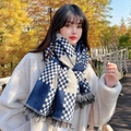 Blue and beige plaid cashmere-feel scarf with tassel edges worn by a model in a park - Navy Blue
