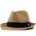 Cappello da cowboy in paglia con fascia nera, dettaglio piuma e stemma in metallo - M(56-58cm) / Cachi (Con Piuma di Distintivo di Ancora)
