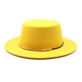 Detail of yellow wool boater hat featuring a flat top and golden metal cylinder buckle - M (56-58cm) / Yellow