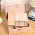 Pink double-layer leather jewelry organizer box with velvet lining and metal lock - Upgraded Pink (Plain Grain) / 23x17x8cm