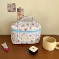 Quilted floral blue plaid makeup bag with top handle and double zipper closure - Blue Plaid Red Flower