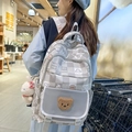 Cute gray checkered bear backpack with plush bunny charm for female students - Single Bag / Gray