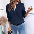 Navy blue V-neck knit sweater featuring elegant white lace trim and long sleeves - S / Navy Blue