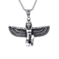 Vintage Egyptian winged pendant in stainless steel with retro silver finish on white background - Steel Color Single Pendant A0301
