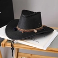 Detailed close-up of a black cowboy straw hat with shell beads and windproof chin strap - Adult (55-60cm) / Black