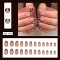 French tip press on nails in chestnut brown with small white floral patterns, 24 pieces - W2130 Chestnut Flower (Glue Type)