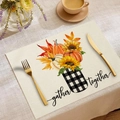 Fall placemat with pumpkin and sunflower print featuring Gather Together text - Plaid Jar Sunflower Gather