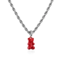 Detail der roten Bär-Halskette mit Zirkonia-Öse an silberner Edelstahl-Kordelkette - Silber Rot