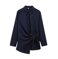 Detail view of navy blue poplin shirt with waist tie design and buttoned cuffs - XS / Deep Sea Blue