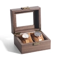 2-slot walnut wood watch display box with glass window and brown velvet interior - 2 Slots
