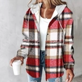 Detailed view of red and black plaid jacket with grey drawstring hood and button closures - S / Tops / Khaki Red